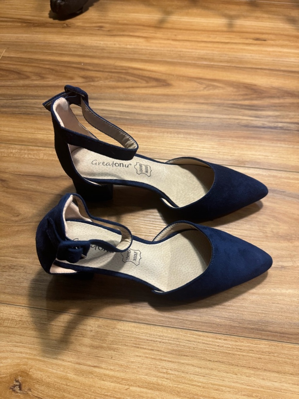 Greatonu Navy Blue Pointed Toe Ankle-Strap Block Heels